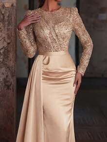 Faeriesty Đầm dạ hội dài tay đính sequin dáng đuôi cá sang trọng dành cho nữ, cổ tròn, lấp lánh, thích hợp cho đám cưới và tiệc tùng. - Rượu sâm banh - Xem 5