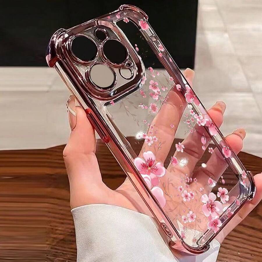 1pc New Minimalist Pink Peach Blossom Electroplated Airbag Anti-Drop/Thickened Transparent TPU Protective Case Compatible With Apple 17 Pro Max/16 Pro/16/13 Pro Max/12 Pro Max 11, 15 Pro Max, 14 Pro Max/Galaxy, SAM/Compatible With Honor/Note 13 Pro/S23 Ultra/S24 Ultra/S25/A56 - Pink - View 1