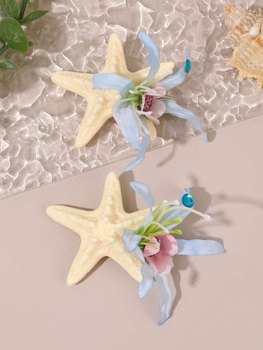 2pcs/Set Ocean Style Starfish Artificial Flower Hair Clips, Elegant Crocodile Clip Starfish Flower Hair Pins, Beige Starfish, Accessories For Girls Daily Life, Beach Vacation, Beach Photography, Ocean Themed Party, Princess Party, Ocean Style Wedding - Multicolor - View 1