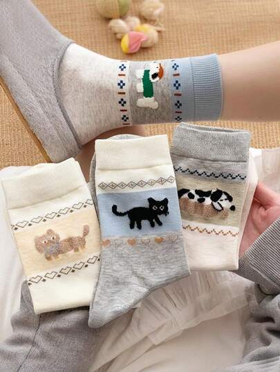 4 đôi tất nữ in hình động vật, tất mềm mại, thoải mái, kiểu retro phối màu hình động vật, tất dài đến bắp chân họa tiết chó mèo hoạt hình dễ thương.