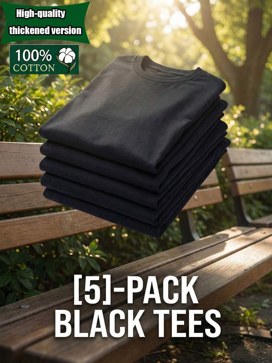 5-Pack Unisex Black & White 100% Cotton High-Quality Thickened Version T-Shirts Bulk Bundle | Regular Fit Breathable Fabric | Year-Round Comfort | Ideal For Home Lounging & Office Workwear - 黑色 - 查看 1