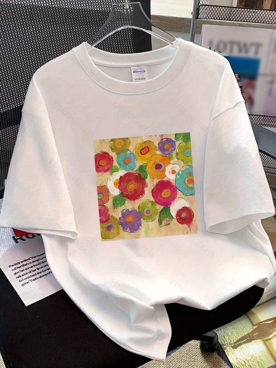 Damtoppar 2026: Enfärgad T-shirt för kvinnor, kortärmad, nischdesign och tryck, sommar 2025, ny, lös, halvärmad smal topp för kvinnors våroutfit - Vitt - Visa 1