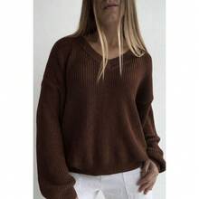 Knitted Blouse Sweater V Neck Knitting Fang Point Puff Sleeve Winter - Coffee Brown - View 4