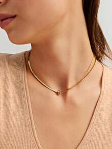 Collar Doble De Acero Inoxidable A Prueba De Agua, Dorado Y Decorado Con Piedras De Cristal, Giratorio Para Uso Diario De Mujeres - Dorado - Ver 6