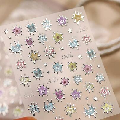 1 miếng dán móng tay 5D Kawaii hình mặt cười rối, lá bạc, hình ngôi sao hoạt hình, trái tim, phụ kiện trang trí móng tay DIY