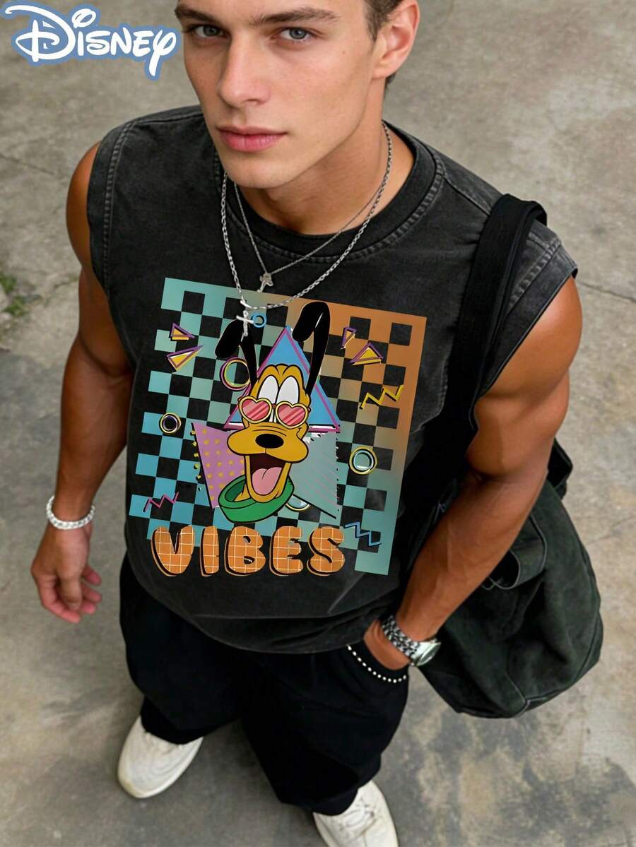 Disney Pluto 80s Vibes Officially Licensed Men's Sleeveless Graphic Tee, 100% Cotton 230g Washed Vintage Shirt - 黑色 - 查看 1