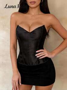 Luna Muse Top Vintage Printemps/Été pour Femmes, Taille Cintrée Amincissante, Bustier Corset à Encolure en V en Forme de Cœur avec Baleines, Charme Élégant, Style Rétro de Cour, Convient pour les Trajets, la Maison, les Vacances, les Rendez-vous, les Représentations sur Scène et les Concerts, le Festival de Musique Country, l'Enterrement de Vieille Fille, le Mariage, le Tea Party - Noir - Voir 4