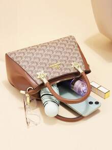 Elegant 3-In-1 Women's Tote Bag Set, Classic Monogram Print Shoulder Crossbody Bag With Adjustable Strap & Matching Wallets - Brown - View 4