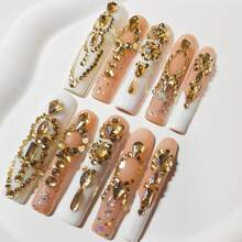 Nailposh 10 PCS Handmade Long Square Press-On Nails | White French Tip With 3D Gold Rhinestone & Crystal Embellishments - 白色 - 查看 1