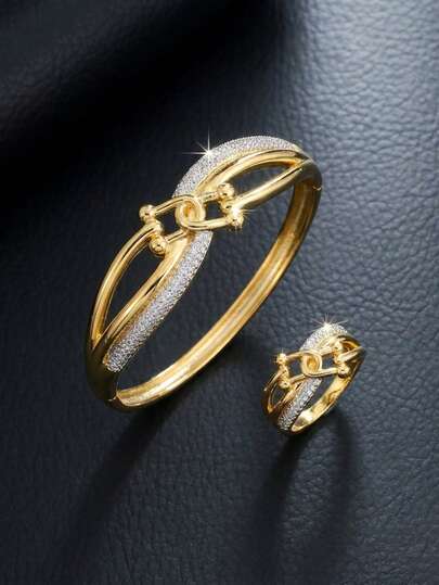 Set de 2 piezas de anillo y pulsera de cobre chapado en oro de 18K con diseño de estrella y herradura de doble capa, de alta calidad, estilo europeo y americano, con circonita cúbica, gran regalo y uso diario para mujeres