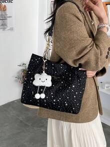 1 pieza Bolso de hombro con cremallera de gran capacidad con patrón de estrella y decoración de nube, de moda para uso diario de mujeres - Negro 2 - Ver 6