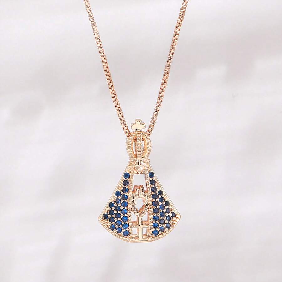 Rose Gold Crown Shaped Double-Sided Virgin Mary Pendant Necklace, Blue Pendant Necklace, Elegant Vintage Jewelry, A Perfect Birthday Gift For Her - Multicolor - View 1