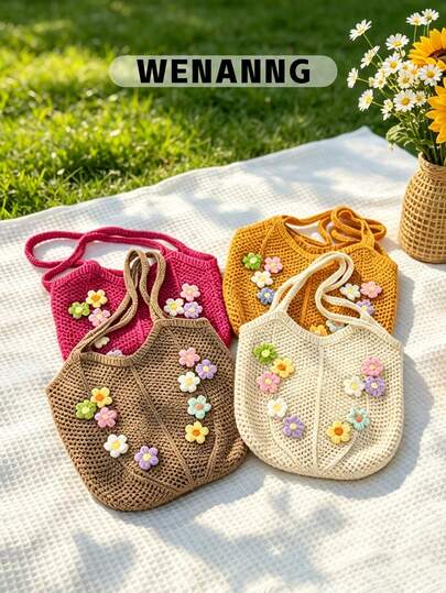 1个休闲度假花卉装饰钩编手提包，大容量单肩包，轻便镂空手提包，波西米亚风沙滩包，适合女性/女孩/学生/青年，可用于度假、旅行、工作、购物、日常使用。
