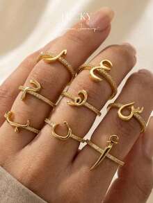 LUCKY Minimalist Style Rhinestone Engraved 18K Ring Twist Chain Personalized Rhinestone Ring Her Perfect Gift Customizable Minimalist Daily Style, Product Includes Gift Box, Valentine's Day Gift, Birthday Gift, Mother's Day Gift, Daily Gift - Text Ring - View 9