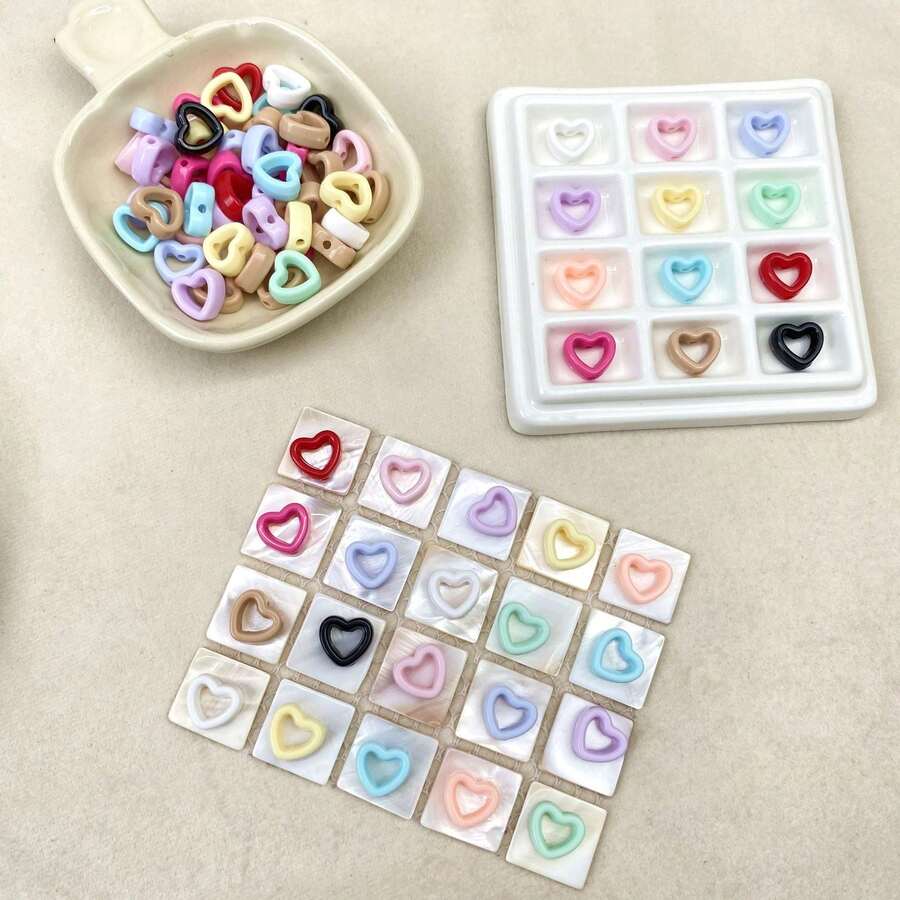 60颗12*14毫米粉彩空心心形亚克力珠，直孔珠，适用于DIY珠宝制作 - 彩色 - 查看 1