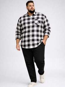 Men's Plus Size Checkered Shirt With Long Sleeves And Cuffs - White - View 4