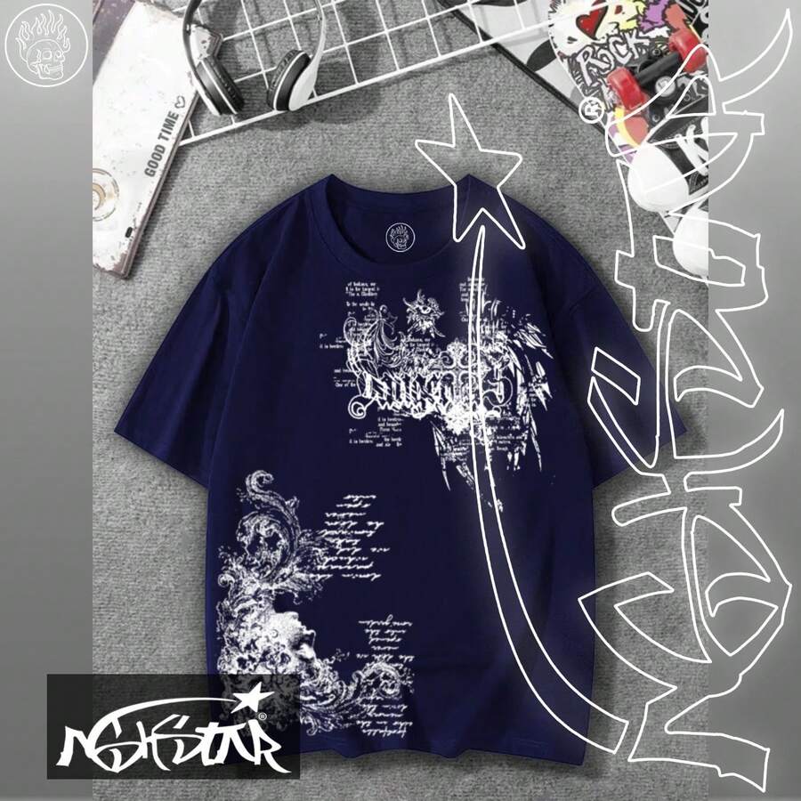 Premium 100% Cotton T-Shirt ASHSTAR "Gothic Y2K" - 藏蓝色 - 查看 1