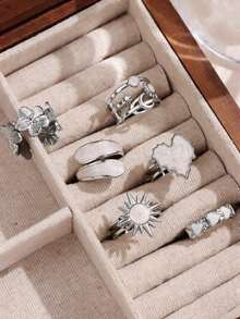 6件套时尚简约优雅心形、向日葵、星星、月亮吊坠戒指套装，适合女性度假、派对、约会、旅行、拍照、海滩、日常搭配，全新百搭组合 - 彩色 - 查看 7