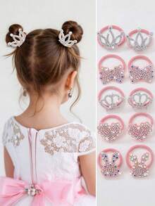Set de 10 piezas de accesorios para el cabello de princesa lindos con corona de strass, mariposa, corazón y conejo, incluye ligas, diademas y pasadores para niñas - Multicolor - Ver 6