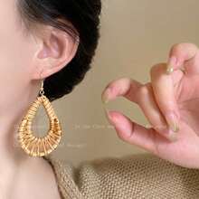 1 pieza Pendientes de aro de ratán de madera, nuevos pendientes de estilo de playa exagerados 2026, pendientes ligeros para mujeres - Multicolor - Ver 9