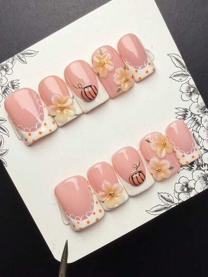 10pcs/Set Y2K Baddie Style Press-On Nails, Short Square Shaped, Handmade, Nude, White, Yellow, Green Colors With French, Floral, Lace, Polka Dot Designs, Suitable For Women And Girls, Glossy Finish For Party, Dance, Daily Wear, Includes Accessories (Color Of Accessories May Vary)