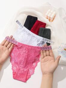 5条/包 女士无缝纯色蕾丝拼接水钻闪亮性感少女三角内裤，弹性透气柔软亲肤 - 彩色 - 查看 3