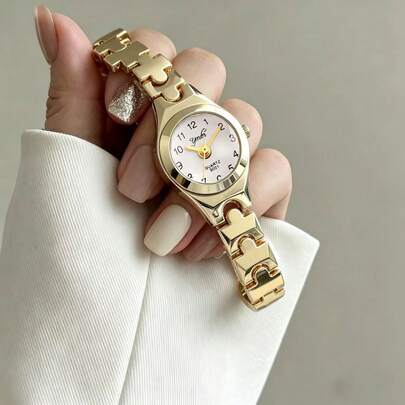 奢华金色迷你女士石英表，小巧圆形表盘，简约数字刻度，通勤办公皆宜，优雅休闲风格，精致拼图链式表带设计，复古小众配饰，送给女友、生日或母亲节的完美礼物，1件/套