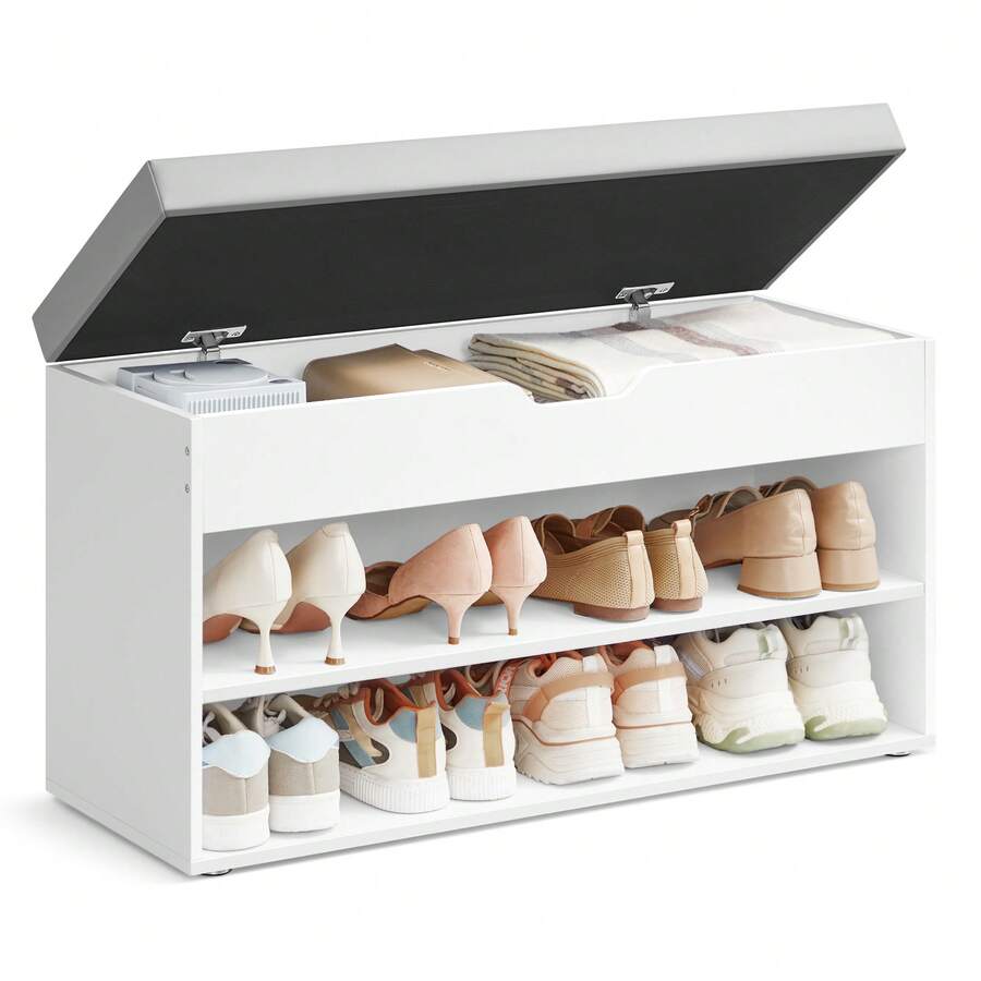 VASAGLE Zapatero, Banco Recibidor con 3 Compartimentos, Mueble Zapatero con Asiento Tapizado, 30 x 80 x 44 cm, Blanco Nube y Gris Paloma - Blanco - Ver 1