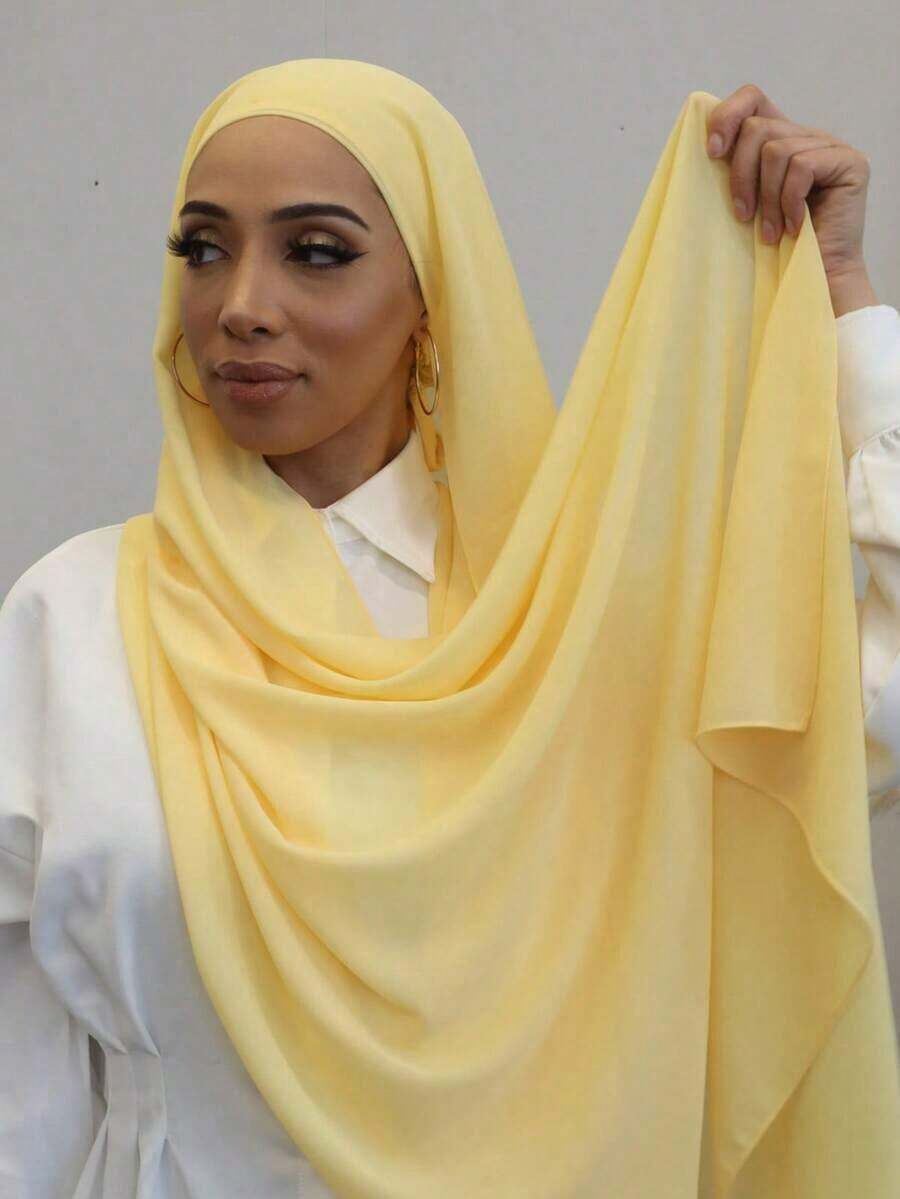 1pc Women's Solid Color Pearl Chiffon Headscarf, Arabic Style Casual Long Scarf, Suitable For Daily Use - 黃色 - 查看 1