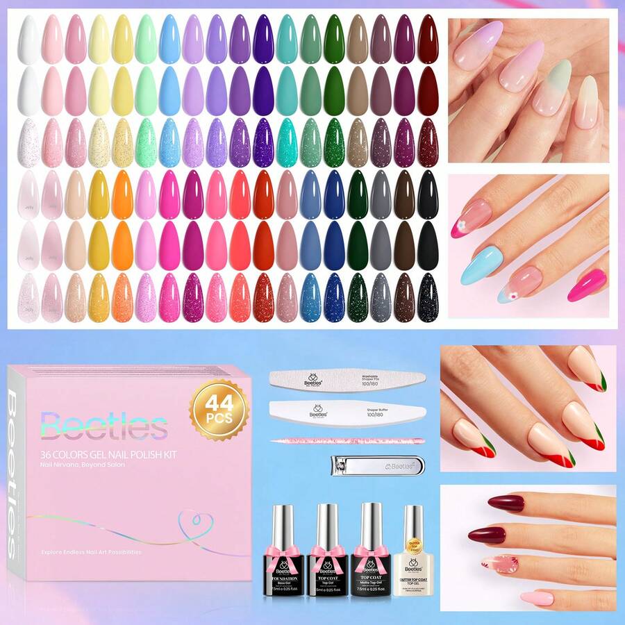 Beetles 36 Colors Gel Nail Polish Set, Pastel Jelly Pink Purple White Green Glitter Gel Kit With Base & Top Coat, Nail Tools, Soak Off UV Nail Art, Salon DIY Manicure Gift For Women - 44 chiếc, 36 màu, kiểu trễ vai - Xem 1