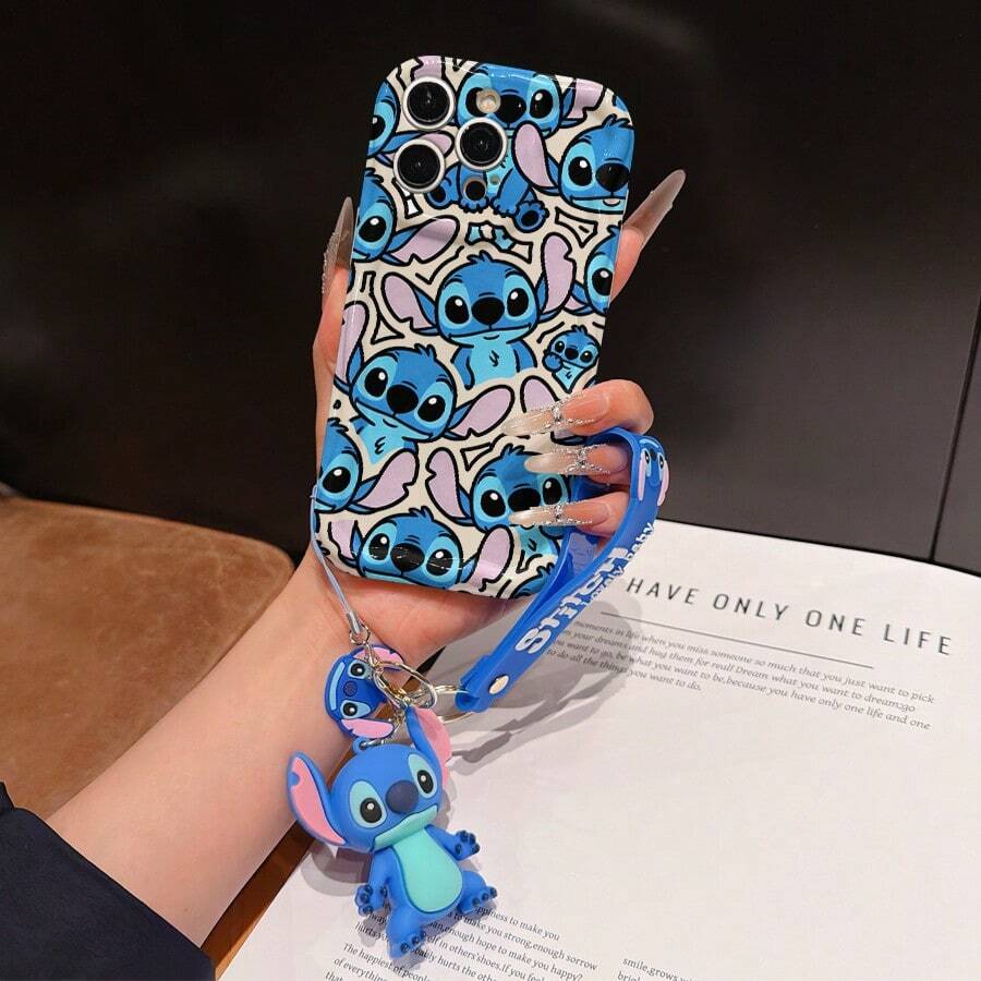 Disney Has Authorized, Phone Case - Chain Set, The Stitch Lilo & Stitch Phone Case Plus A Silicone 3D Or Fluffy Style Stitch Bracelet With Metallic Ring Removable Bracelet, Stitch And Angel Pattern, Compatible With Iphone 17/16/15/14/13/12/11/XS/XR/X Plus Pro Max, Wavy Design Phone Case For Girl, A Stylish Cartoon Summer Phone Case, The Perfect Gift Choice, Phone Protection, Durable Phone Cover, Great Gift For Friends And Family - 白色款式A - 查看 1