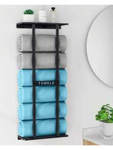 Wall Mounted Towel Rack With Shelf, 30-Inch Bathroom Towel Holder Holds 6 Rolled Large Towels, Space Saving Over-The-Toilet Towel Storage Organizer For Small Bathroom Apartment RV, Metal Hanging Rack With Top Shelf For Essentials, Easy Install - 黑色 - 查看 5