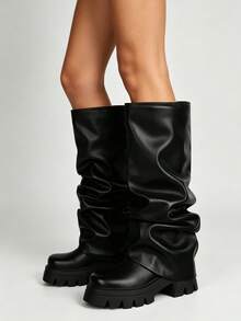 Women's Black Boots Metal Platform Shark Boots Foldable Thick Knee High Shoes Motorcycle Nightclub Cosplay Spring Boots For Women - 黑色 - 查看 5