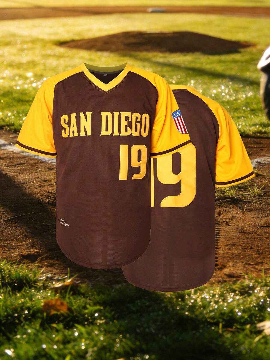 Men's #19 Brown Baseball Jersey - Short - Sleeve V - Neck Design, Letter & Number Embroidery, Yellow - Brown Contrast Color - Block Sleeves, Ideal For Training & Streetwear - 19 Brown - 查看 1