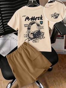 1 Set Maglietta a maniche corte con stampa di cuffie vintage e pantaloncini cargo per ragazzi adolescenti, abbigliamento sportivo casual e ampio, regalo estivo perfetto per la scuola e l'uso all'aperto, primavera/estate - Multicolore - Visualizzare 1