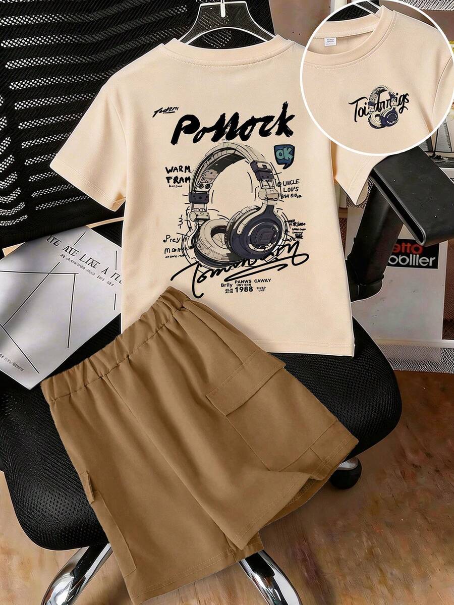1 Set Maglietta a maniche corte con stampa di cuffie vintage e pantaloncini cargo per ragazzi adolescenti, abbigliamento sportivo casual e ampio, regalo estivo perfetto per la scuola e l'uso all'aperto, primavera/estate - Multicolore - Visualizzare 1