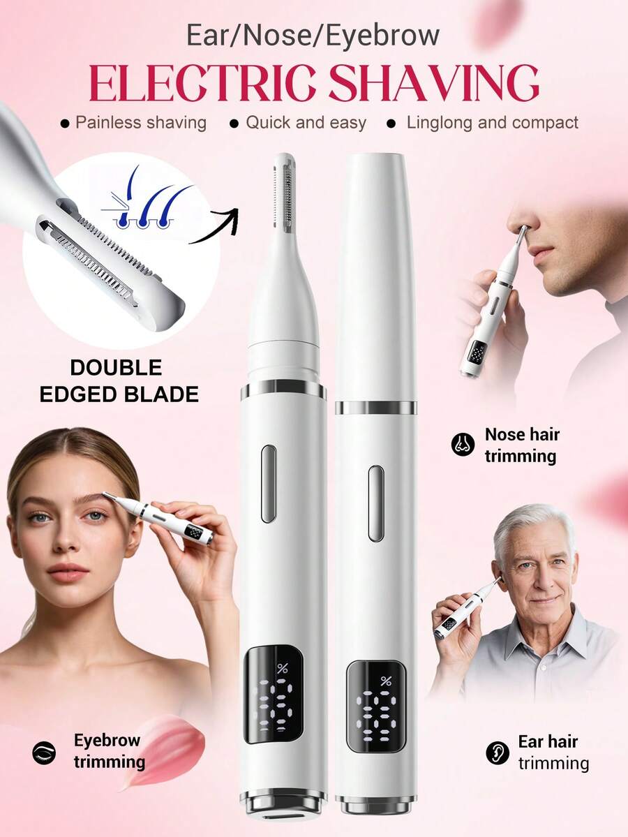 ENSSU Recortador eléctrico 3 en 1 para pelo de nariz y orejas, unisex, dispositivo de depilación facial, recortador de cejas recargable, afeitadora eléctrica indolora de doble cabezal, con pantalla LED, herramienta de aseo portátil para el hogar y viajes, afeitadora eléctrica para mujeres, cuidado facial, afeitadora eléctrica para mujeres, afeitadora eléctrica, esencial de viaje, regalo ideal - Multicolor - Ver 1