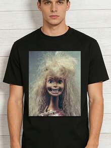 Men'S T-Shirt Featuring Vintage Horror Doll Design - A Creepy Doll Artwork Perfect For Summer Casual Wear, Ideal Gift For Horror Enthusiasts, Pre-Washed Tee - Black - View 2