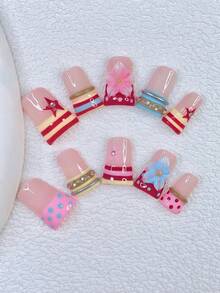 10pcs Y2K Nails Chic Duckbill Press On Nails Set - Handcrafted, Pink Nails, Yellow Nails, Yellow And Pink French Tip Nails, Handmade 3D Blue Flowers And 3D Gold Ring Design, 3D Jewelry Nails Art, Hand Drawn Blue Polka Dot And Red Stripe Design, Sparkling Rhinestone Decoration, Delicate Graceful Nails - Nhiều màu - Xem 10