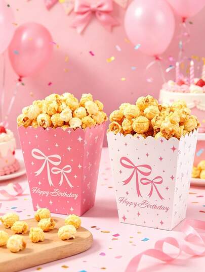 10个粉色蝴蝶结生日爆米花盒，粉色蝴蝶结设计一次性食品容器，零食盒，薯条盒，糖果盒，生日礼物包装盒，粉色蝴蝶结生日派对餐具食品盒，粉色蝴蝶结派对装饰，厨房餐桌装饰，粉色蝴蝶结生日派对装饰，公主派对，女孩生日派对用品，生日礼物，派对礼品