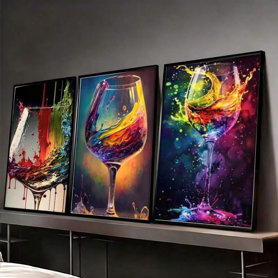 3 tranh áp phích và tranh in hình ly rượu vang nhiều màu sắc, tranh trang trí tường hình ly rượu vang trừu tượng, tranh nghệ thuật trang trí nhà bếp, tranh in sáng tạo, tranh canvas, không khung. - 111 - Xem 1