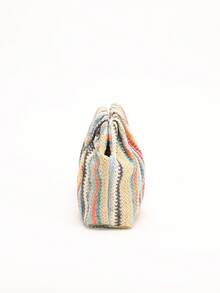 1 pieza Bolso de mano de paja tejida a rayas de colores, diseño de volantes a rayas arcoíris, bolso de playa casual de moda con correa para mujer (patrón a rayas cortado y distribuido al azar) - Multicolor - Ver 8