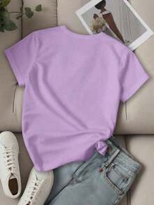 Free Shipping, Local Delivery In Mexico, 4-Day Delivery. Women's T-Shirt With Print, Slogan And Lettering, Short Sleeves And Crew Neck LOS ANGELES For New Year's Wear, Graphic Tees For Women. - Purple 2 - View 2