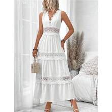 New Summer Women's Lace Patchwork V Neck Sleeveless Dress Casual Loose Mini Dress With Floral Embroidery Beach Party Sundress - 白色 - 查看 9