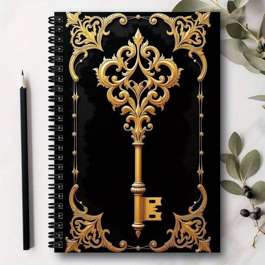 1 Elegante cuaderno espiral dorado tipo diario - Registro con diseño de patrón de llave exquisito, el regalo perfecto para amigos y compañeros de clase, ideal para registrar | Diseño de patrón de llave exquisito | Encuadernación espiral duradera A5 - G - Ver 1