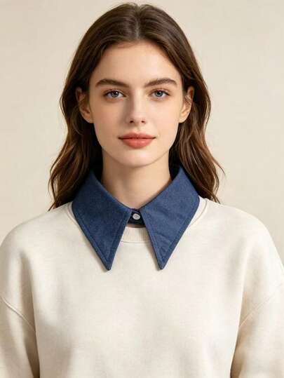  1pc Detachable Pointed Collar Denim Fake Collar Shirt Collar Accessory, Classic Button Design, Multi-Functional Matching Accessory, Suitable For Office & Casual Wear
