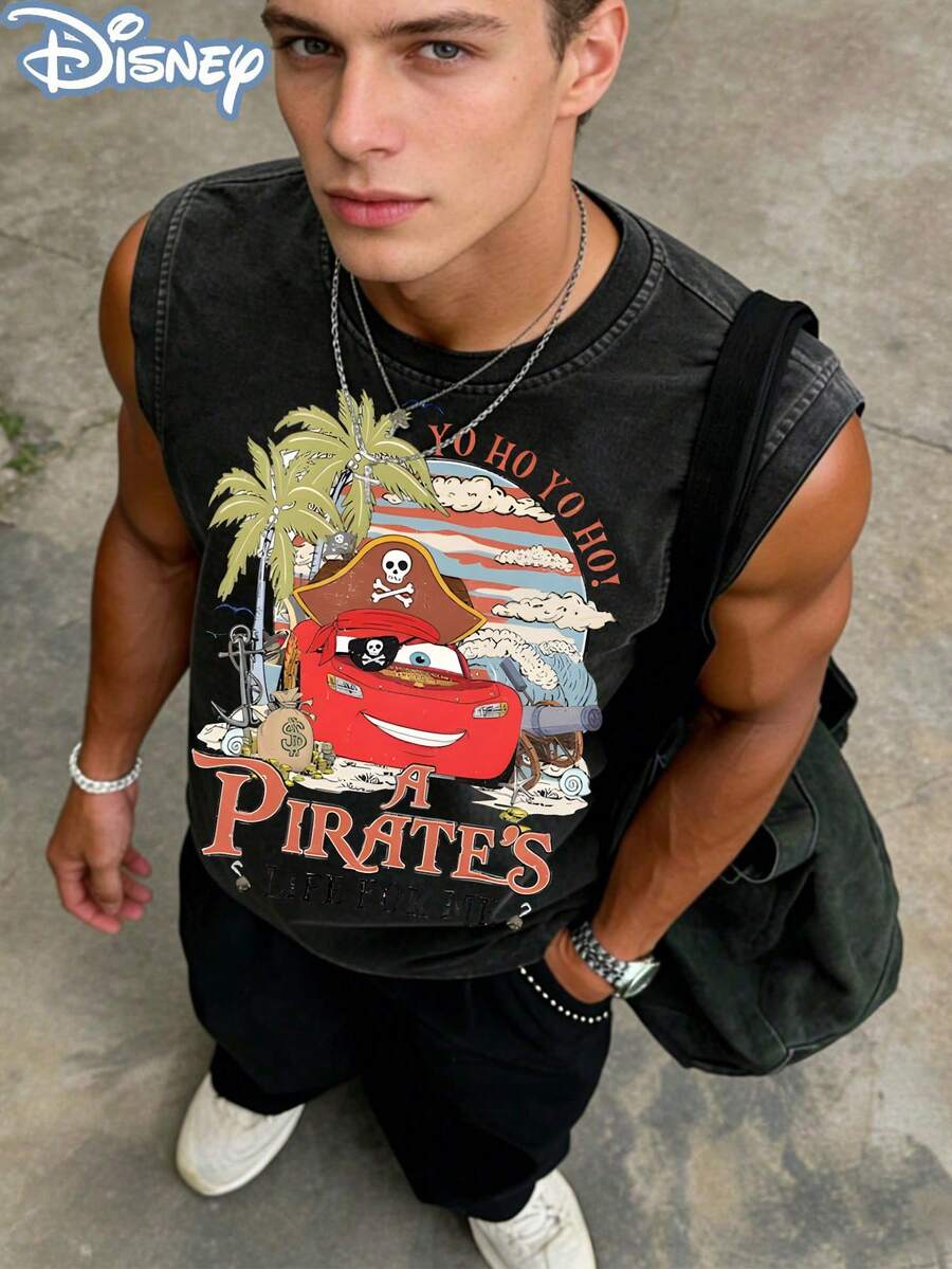 Disney Cars Lightning McQueen Pirate Officially Licensed Men's Sleeveless Graphic Tee, 100% Cotton 230g Washed Vintage Casual Shirt - 黑色 - 查看 1