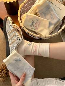2 Pairs Bow Print Mid-Calf Socks, Sweet Ruffled Breathable Comfortable Casual Socks For Summer, Suitable For Girls - Multicolor - View 6