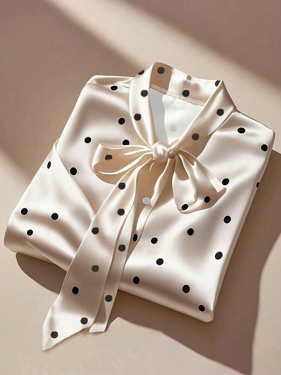 Blusa de satén con diseño de lunares, cuello con lazo, mangas acampanadas, camisa elegante y lujosa de corte slim para oficina para mujer en primavera - Albaricoque - Ver 1