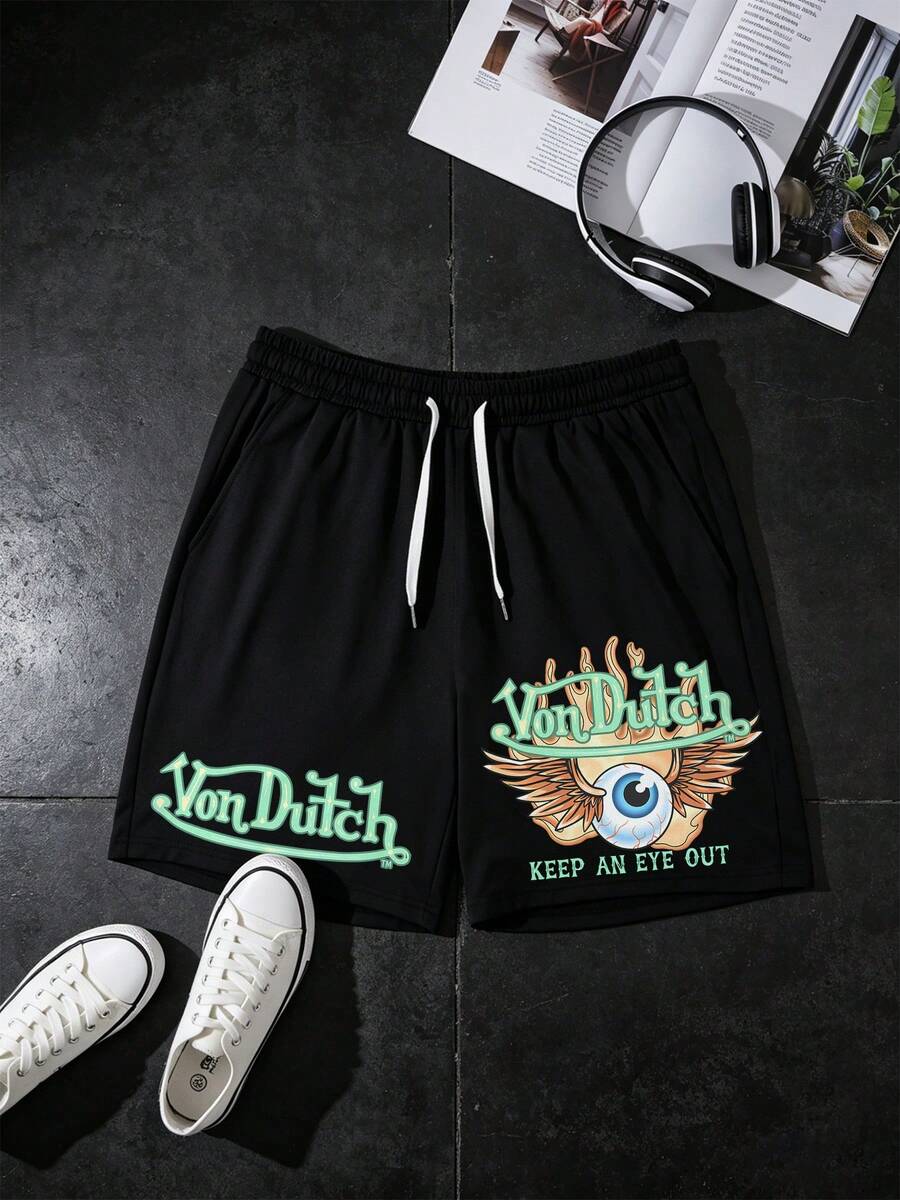 Van Dutch Flaming Winged Eye & "Keep An Eye Out" Print Drawstring Shorts Men's Edgy Streetwear Sweat Shorts, Mystic Vintage Baggy 100% Cotton Elastic Waist Shorts Gift - màu đen - Xem 1